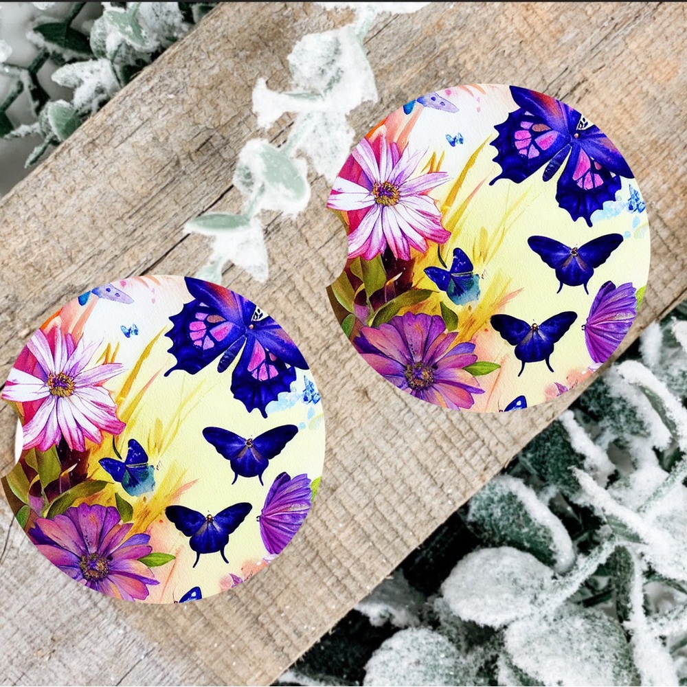 Handmade Purple Butterfly Car Coasters | New Set Of Two Butterfly Car Coasters